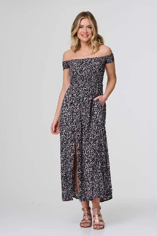 Women's Party Bodycon Dress-Ditsy Floral Bardot Smock Dress