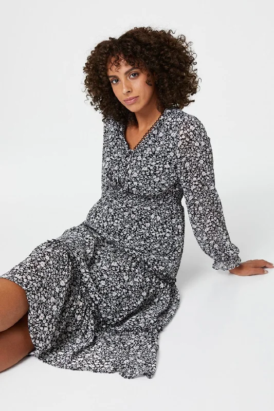 Women's Chiffon Sleeved Midi Dress-Ditsy Print Tiered Midi Dress