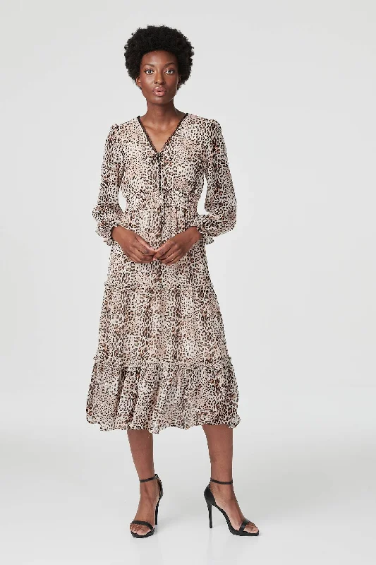 Women's Embellished Dress-Leopard Print Long Sleeve Dress