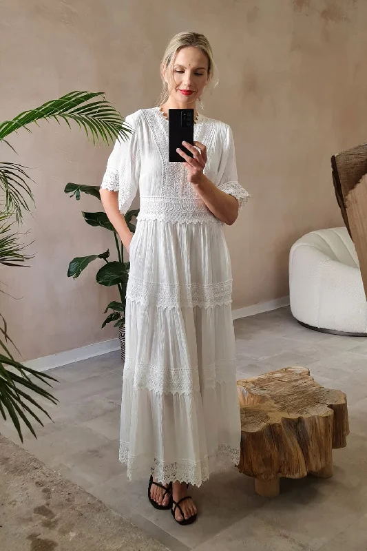 Women's Ruched Maxi Dress-Short Sleeve Crochet Maxi Dress