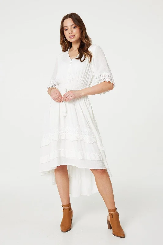 Women's High Neck Dress-Lace Trim 3/4 Sleeve High Low Sundress