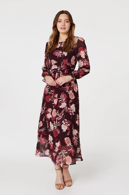 Women's Winter Dress-Floral Long Sleeve A-Line Dress