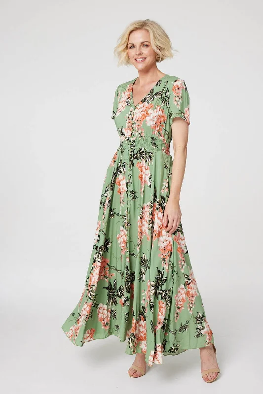 Women's Color-block Maxi Dress-Floral High Low Maxi Tea Dress