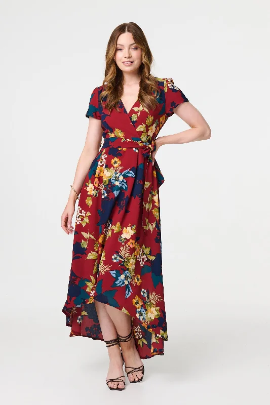 Women's Chiffon Maxi Dress-Floral High Low Wrap Maxi Dress