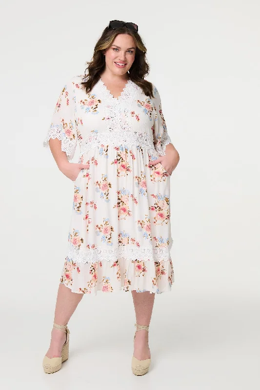 Women's Floral A-line Midi Dress-Floral Lace Midi Tea Dress