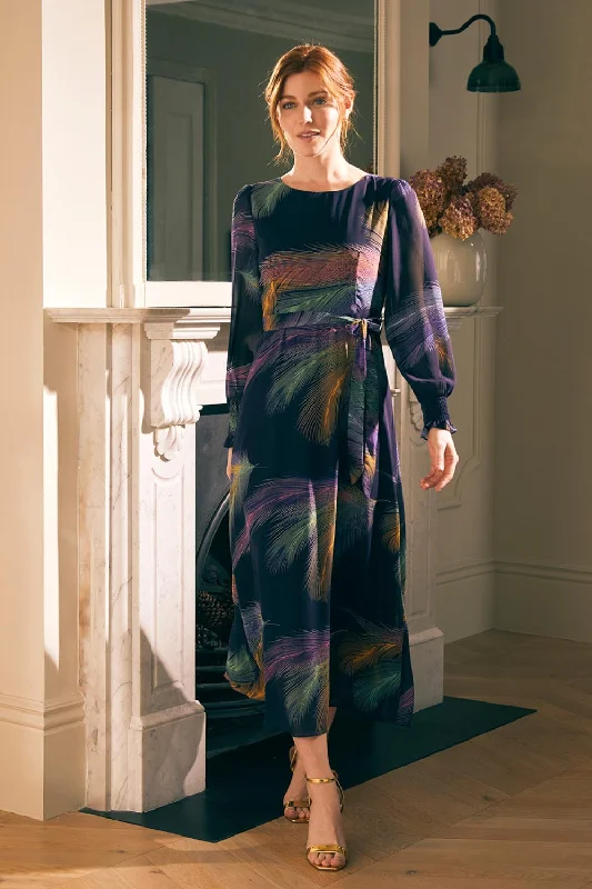 Women's Button Back Midi Dress-Printed Long Sleeve Midi Dress