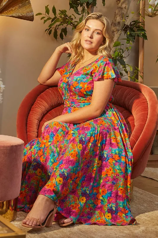 Women's Floral Boho Maxi Dress-Floral Ruched Front Maxi Dress