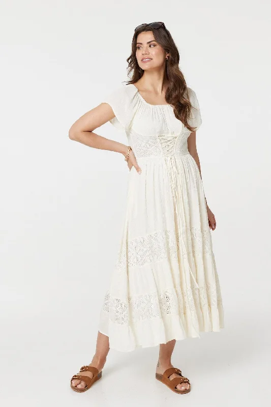 Women's Knit Maxi Dress-Lace Detail Tie-Up Front Maxi Dress