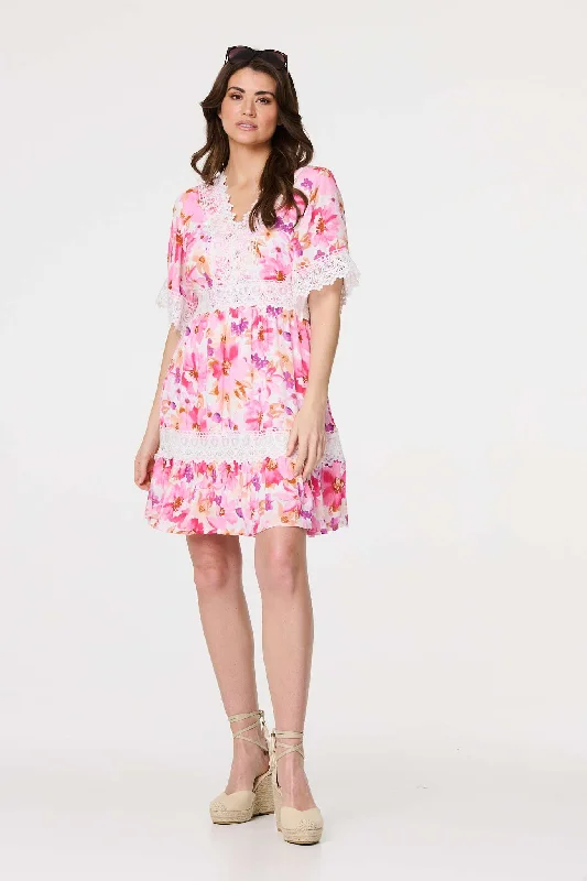 Comfortable Women's Plaid Shirt Dress-Floral Lace 1/2 Sleeve Short Dress