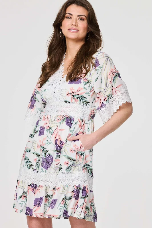 Casual Shirt Dress with Belt-Leaf Print Lace Trim Short Dress