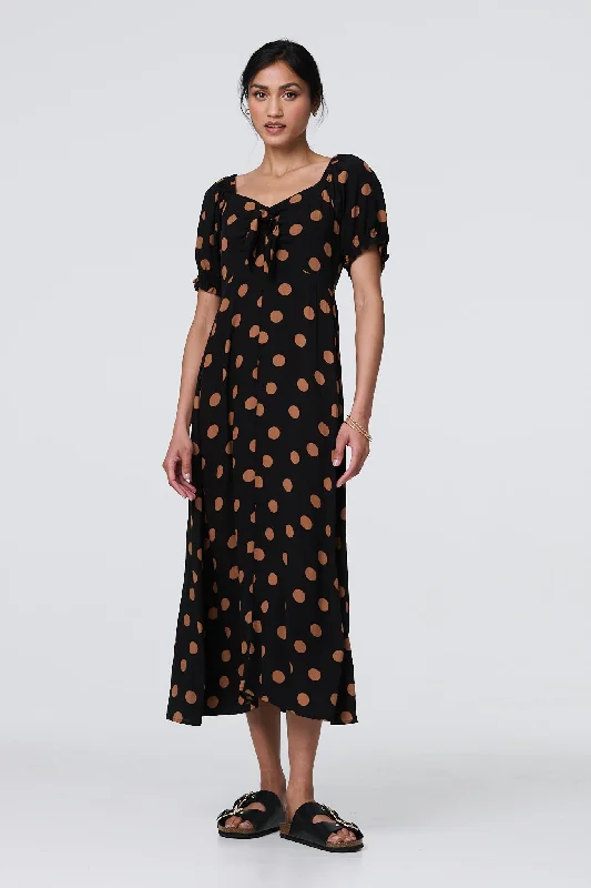 Women's Polka Dot Midi Dress-Polka Dot Puff Sleeve Midi Dress