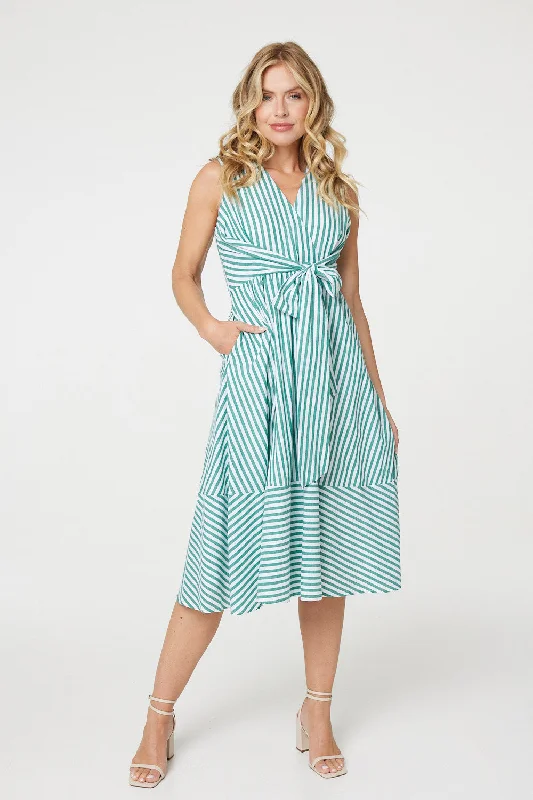 Women's Round Neck Pleated Midi Dress-Striped Tie Waist Tiered Midi Dress
