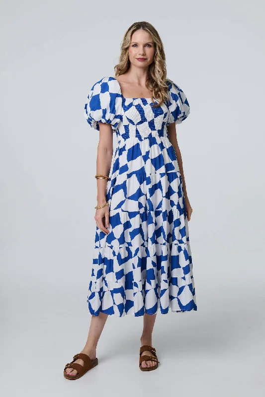 Women's Sleeveless Shift Midi Dress-Printed Puff Sleeve Bardot Smock Midi Dress