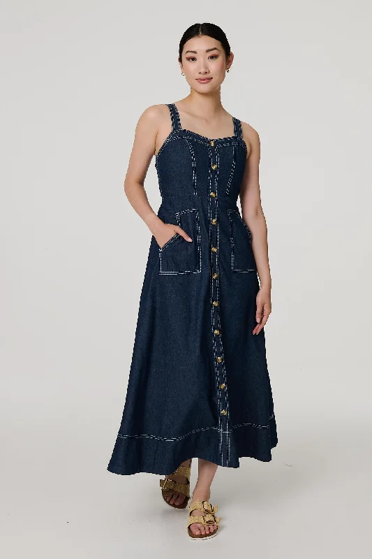 Women's Skater Midi Dress-Denim Fit & Flare Midi Dress