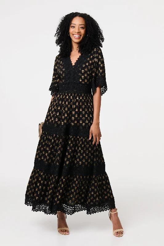 Women's Cocktail Maxi Dress-Lace Semi Sheer Flare 3/4 Sleeve Maxi Dress