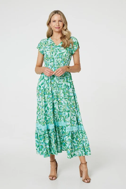 Women's Off-shoulder Boho Maxi Dress-Leaf Print Lace Trim Maxi Dress