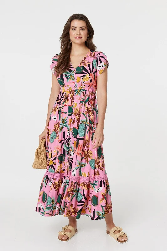 Women's Maxi Dress with Pockets-Tropical Print Angel Sleeve Maxi Dress