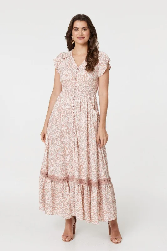 Women's Casual Long Maxi Dress-Paisley Print Lace Trim Maxi Dress