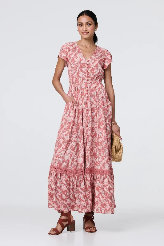Women's Summer Beach Maxi Dress-Paisley Print A-Line Tiered Maxi Dress