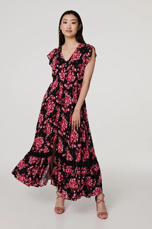 Women's Ruffle Maxi Dress-Floral Cap Sleeve Tiered Maxi Dress