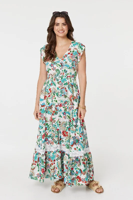 Women's Bohemian Maxi Dress-Vintage Boho Print Cap Sleeve Maxi Dress