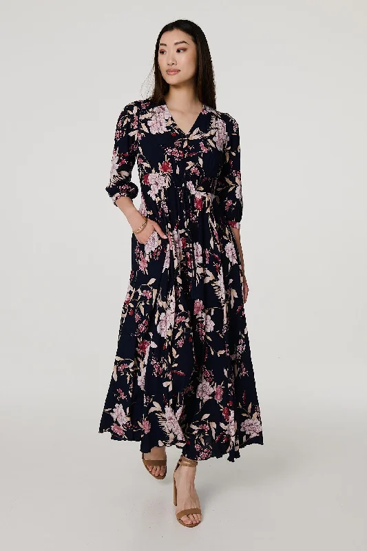 Women's Elegant Maxi Dress-Floral 3/4 Sleeve A-Line Maxi Dress