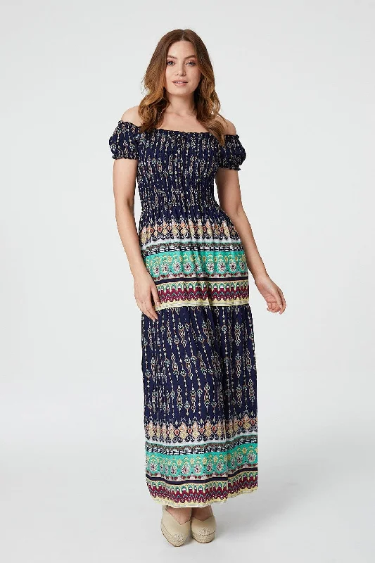 Women's Soft Cotton Maxi Dress-Printed Off The Shoulder Maxi Dress