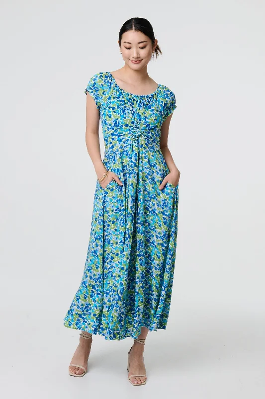 Women's Lace-up Back Midi Dress-Ditsy Floral Bardot Smock Midi Dress