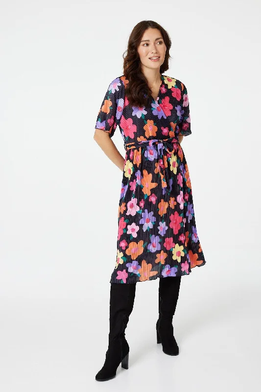 Women's Floral Maxi Dress-Floral Long Sleeve Pleated Dress