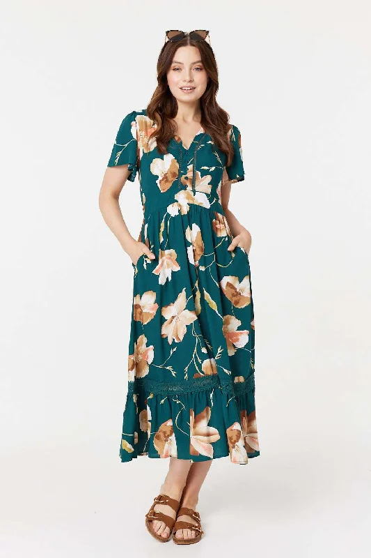 Women's Belted Midi Dress-Floral Lace Trim A-Line Midi Dress