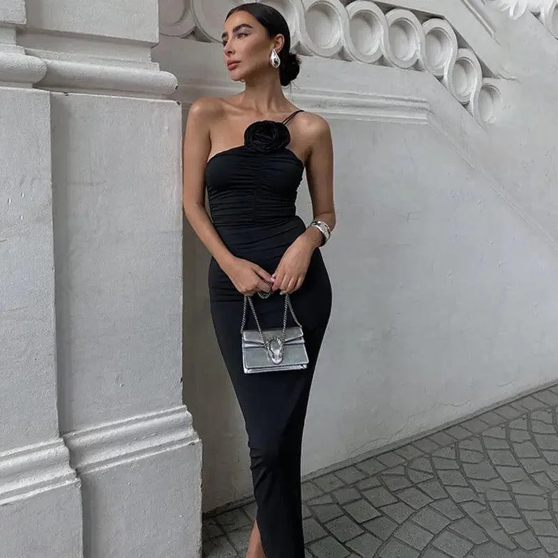Women's Floral Open Back Maxi Dress-David Black Rosette Formal Maxi Dress