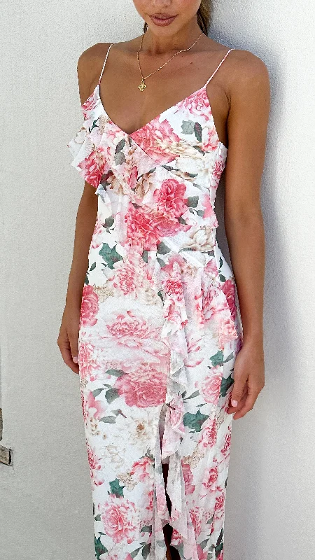 Women's Peplum Midi Dress-Debbie Midi Dress - Pink / White Floral
