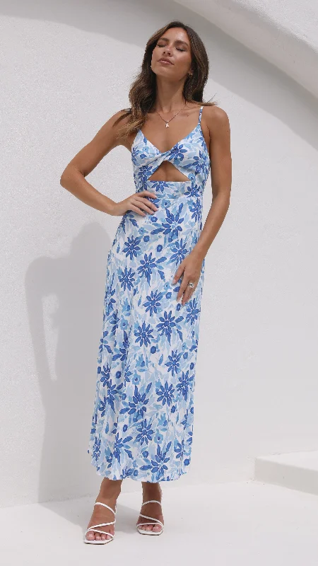 Women's V-neck Midi Dress-Delilah Midi Dress - Blue/White Floral