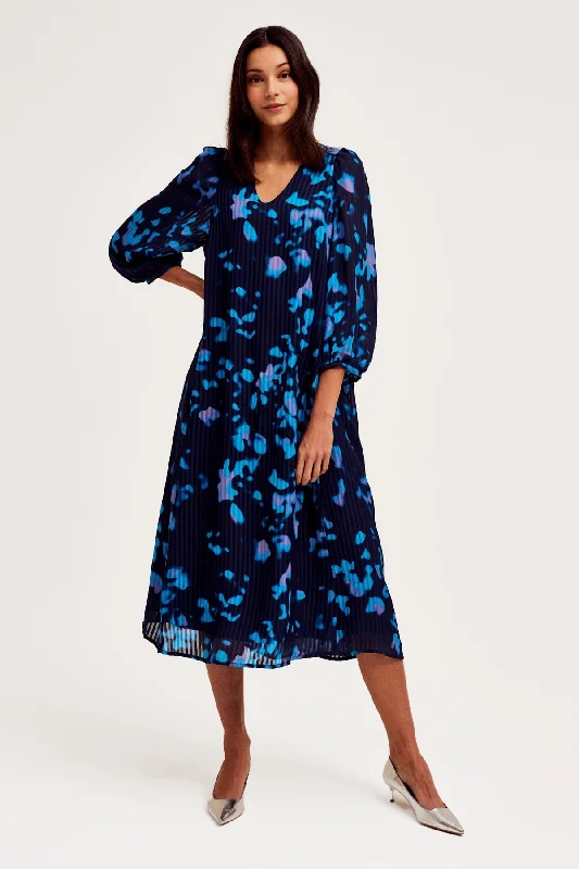 Women's Soft Knit Midi Dress-Duco Pleated Midi Dress in Dark Blue
