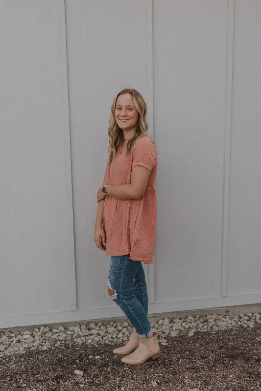 Doll Dress with Elastic Waist -DUSTY MAUVE SHORT SLEEVE BABYDOLL TUNIC TOP BY IVY & CO Doll Dress with Elastic Waist -DUSTY MAUVE SHORT SLEEVE BABYDOLL TUNIC TOP BY IVY & CO