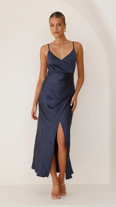 Women's Draped Midi Dress-Elsa Midi Dress - Navy