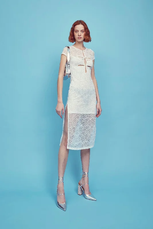 Women's Fitted Off-shoulder Midi Dress-Erin Cut-Out Midi Dress - White