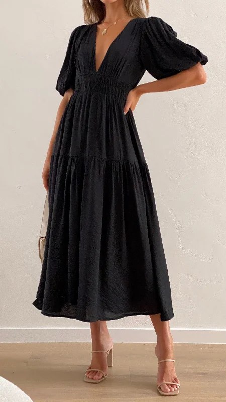 Women's Button-front Midi Dress-Erin Midi Dress - Black