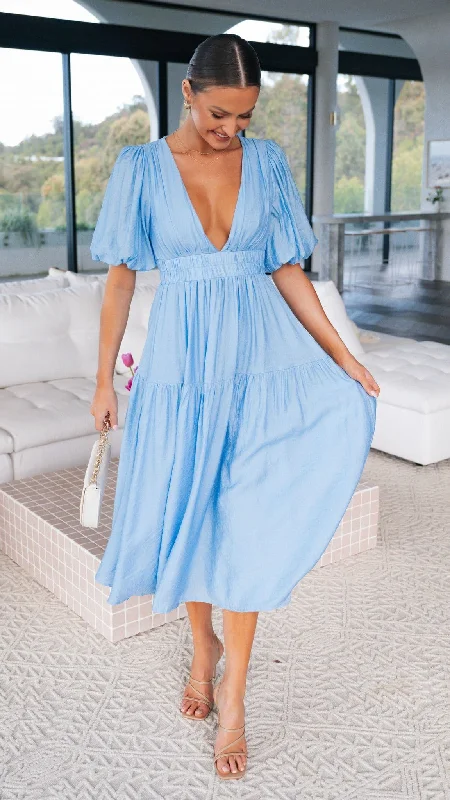 Women's Solid-color Midi Dress-Erin Midi Dress - Blue