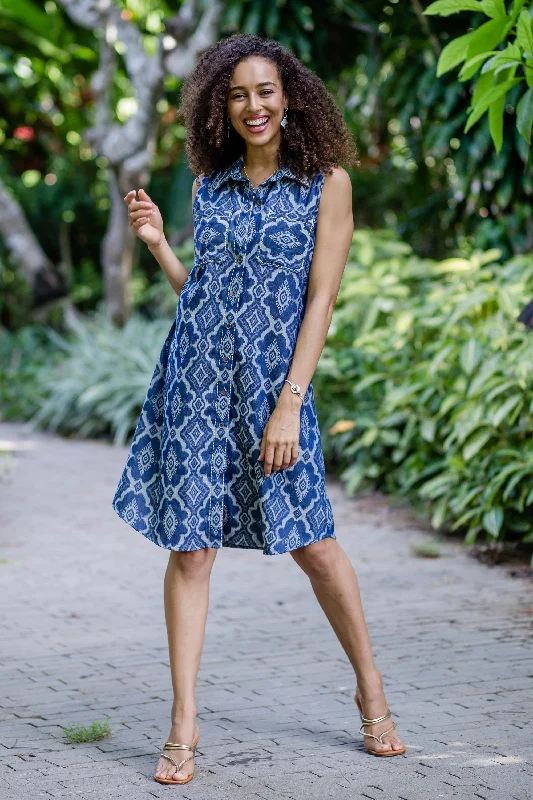 Casual Shirt Dress-Eyeful Blue 100% Cotton Shirt Dress with Geometric Pattern
