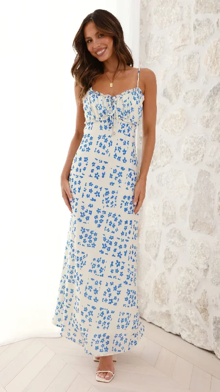 Women's Boho Maxi-to-Midi Dress-Farna Midi Dress - Cream/Blue Floral
