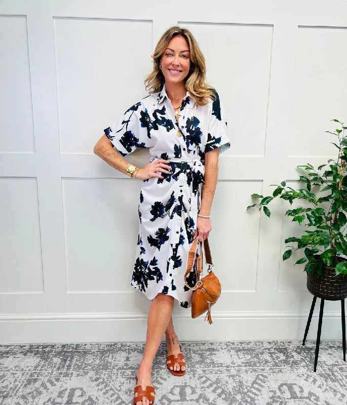 Women's Slim Fit Midi Dress-Floral Crepe Shirt Midi Dress