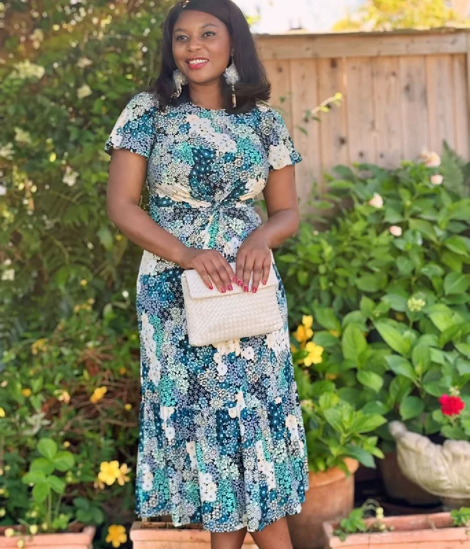 Women's Pleated Ruffle Midi Dress-Teal Floral Summer Midi Dress