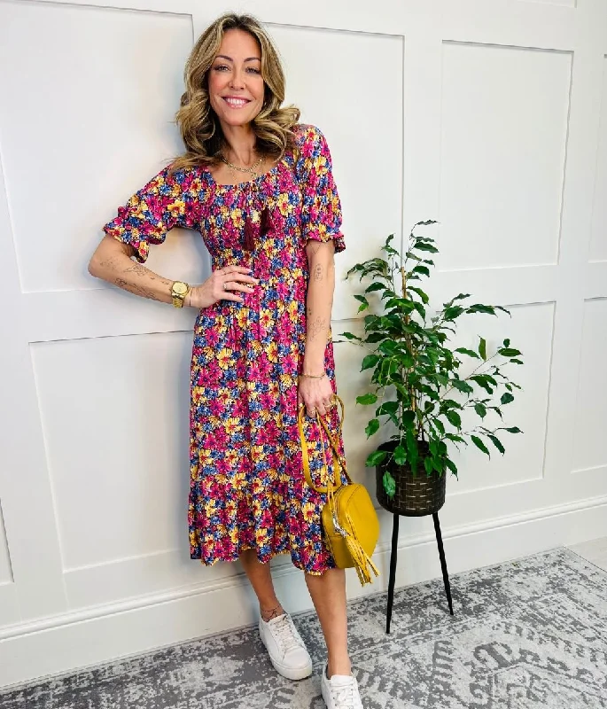 Women's Open Side Midi Dress-Floral Shirred Tassel Midi Dress