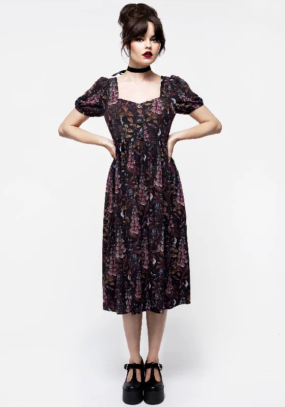 Women's Classic Black Midi Dress with Ruffles-Foxglove Button Detail Midi Dress