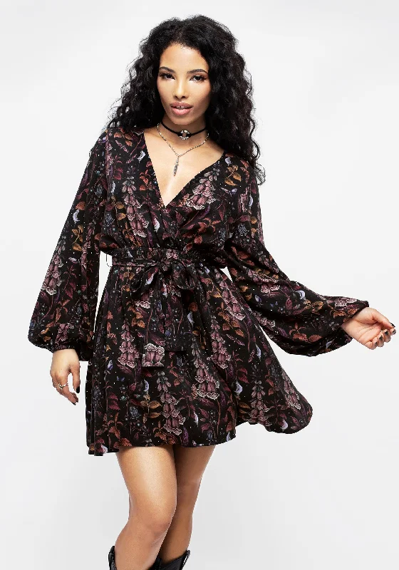 Elegant Wrap Dress with Belted Waist -Green Floral Wrap Dress -Foxglove Mini Wrap Dress Elegant Wrap Dress with Belted Waist -Green Floral Wrap Dress -Foxglove Mini Wrap Dress