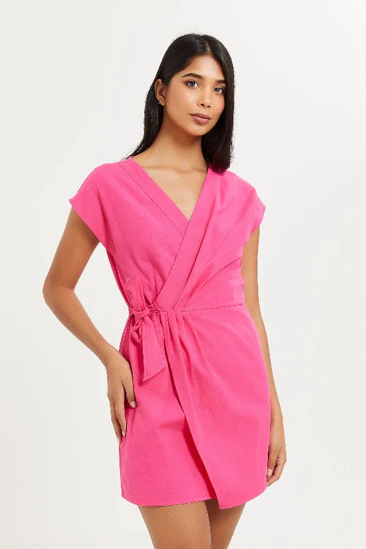 Women's Dress with Lace Detail-Women Fuchsia Short Linen Dress