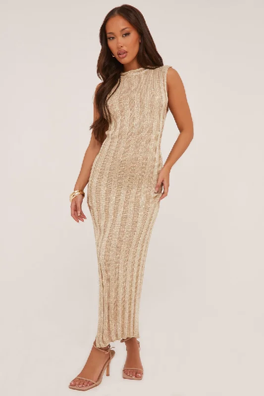 Women's Bohemian Cotton Maxi Dress-Gold Metallic Knit Twist Back Maxi Dress - Annrose