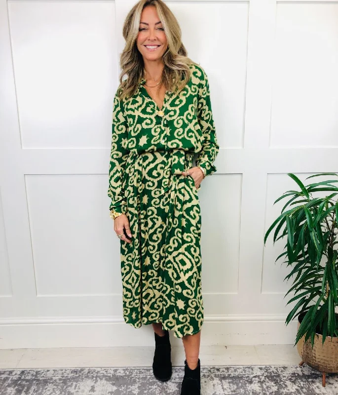 Women's Office Shirt Dress-Green Baroque Midi Shirt Dress
