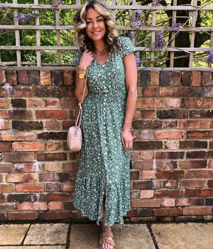 Women's Tunic-style Midi Dress-Green Ditsy Button Through Midi Dress